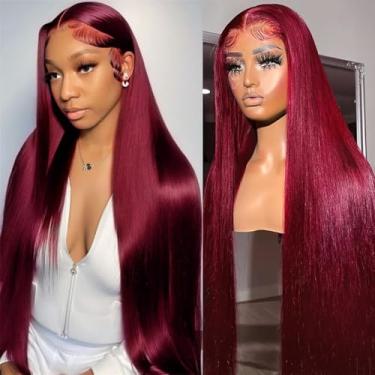 Imagem de Lzlefho 32 Polegadas 99J Borgonha Lace Front Wigs Cabelo Humano 250% Densidade Reta Borgonha Peruca Cabelo Humano 99J 13X6 Hd Glueless Frontal Wigs Para Mulheres Pré-Arrancadas Com Cabelo De Bebê