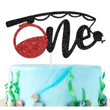 Imagem de Um topo de bolo com decoração de boia de pesca, Ofishally One Topper, decoração de bolo The Big One, suprimentos de decoração de bolo de festa de primeiro aniversário de pescador para crianças