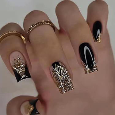 Imagem de RTKHFZE Unhas postiças quadradas com ponta francesa, comprimento médio, cola preta nas unhas, cobertura total, com design de glitter dourado, decorações de unhas francesas para mulheres e meninas, 24