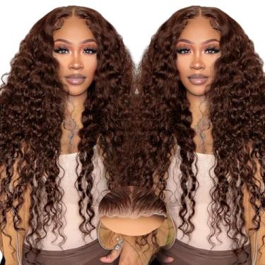 Imagem de Peruca frontal de renda marrom chocolate de 61 cm, marrom ondulado, cabelo humano, densidade 33 x 15 cm, marrom chocolate encaracolado, cabelo humano, marrom, sem cola, cabelo humano pré-cortado nº 4