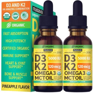 Imagem de (Pacote com 2) Gotas de vitamina D3 K2 com óleo MCT Omega 3 5000 UI 60