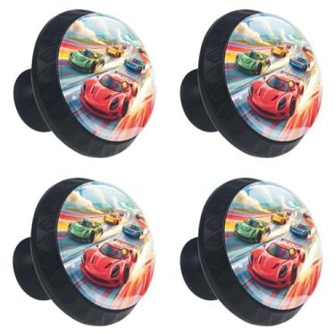 Imagem de EGJHNSKZ 4 puxadores para armários de cozinha, puxadores de gaveta de base preta redonda de 35 mm com parafusos, puxadores de cômoda de gaveta para guarda-roupa de armário, carros de corrida com