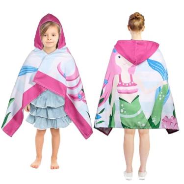 Imagem de ZJRDYYK Toalhas de banho infantis com capuz, toalha de praia de microfibra macia absorvente, poncho de praia de secagem rápida para meninos e meninas de 3 a 12 anos (rosa - sereia-127 x 76 cm)
