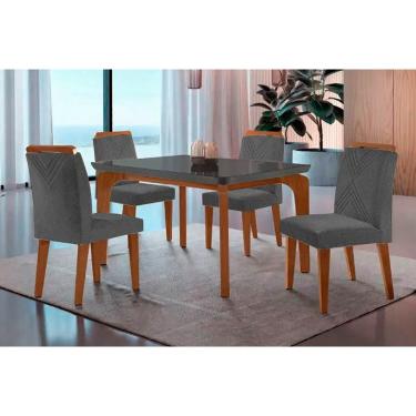 Imagem de Conjunto: Mesa de Cozinha Londrina c/ Tampo Madeirado c/ Vidro Canto Curvo 120x80cm e 4 cadeiras Amsterdã Imbuia/Grafite - Linho Grafite - Rufato