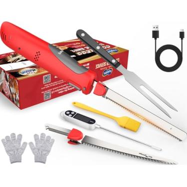 Imagem de Faca elétrica sem fio fácil de cortar e montar com estojo de armazenamento, conjunto de entalhe de lâminas de borda serrilhada com alça ergonômica e trava de segurança para peru, carne, pão, costelas