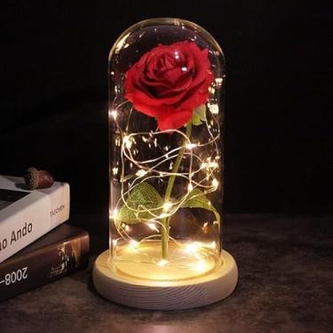 Imagem de Rosa encantada A Bela e a Fera em cúpula de vidro com base de madeira, luz LED de 6 cores, presente de Dia dos Namorados