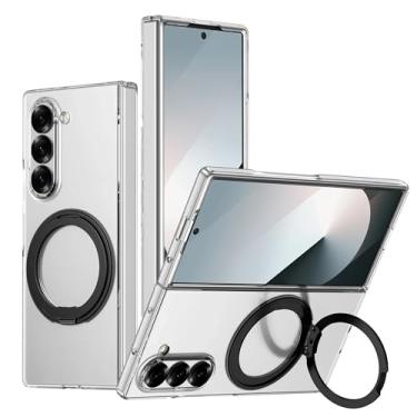 Imagem de Capa para Galaxy Z Fold 6 com suporte magnético giratório 360°, transparente, rígida e à prova de choque, capa para carregamento sem fio (para Galaxy Z Fold 6/suporte preto)