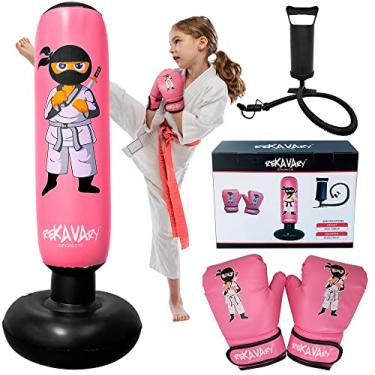 Imagem de Saco de pancadas inflável rosa para crianças completo com luvas de boxe e bomba. para recuperação imediata para praticar artes marciais mistas, boxe, taekwondo, karatê. Brinquedo perfeito para meninas