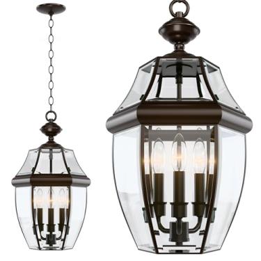 Imagem de Luminária pendente grande para ambientes externos, 3 luzes, lustre de bronze moderno de 50,8 cm, luminária de varanda pendurada, montagem externa de metal no teto com vidro transparente para porta da