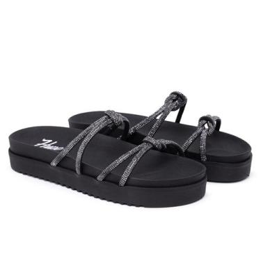 Imagem de Sandália Papete Feminina Macia Moda Tiras Strass Brilho Solado Anatômi