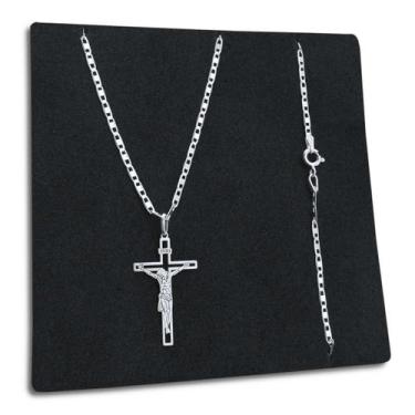 Imagem de Corrente Piastrine Lacre e Pingente Crucifixo Jesus Cristo Prata 925 L