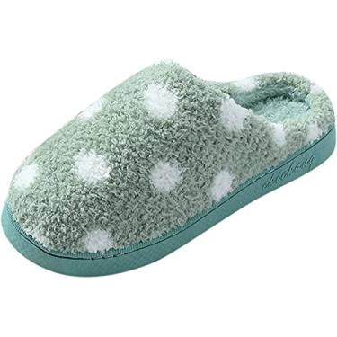 Imagem de Pantufas femininas femininas bico fechado aconchegante de pelúcia com bolinhas, Verde, 5