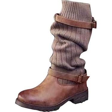 Imagem de Botas femininas de cano alto até o joelho, botas de cano alto, retrô, clássica, com fivela, cano médio, botas de inverno, Marrom, 38 BR