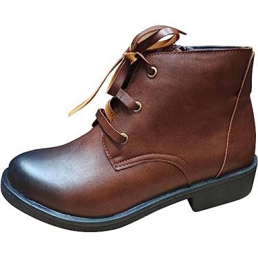 Imagem de Botas de cano curto retrô com cadarço para mulheres senhoras bico redondo salto grosso salto baixo botas curtas zíper lateral botas quentes de couro para trabalho botas de combate, Marrom, 39 BR