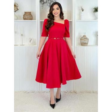 Imagem de Vestido Midi Social Elegante Decote Quadrado Assimétrico de Festa Conv