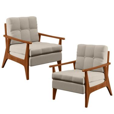 Imagem de Kit 02 Poltronas Decorativas Para Sala de Estar Encosto Ripado Emília B04 Linho Cru - Lyam Decor