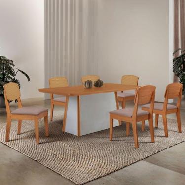 Imagem de Mesa Jantar Diane 180cm Tampo Mdf Lam 6 Cadeiras Copper Prem Moderna Linho Capuccino Naturale Off White