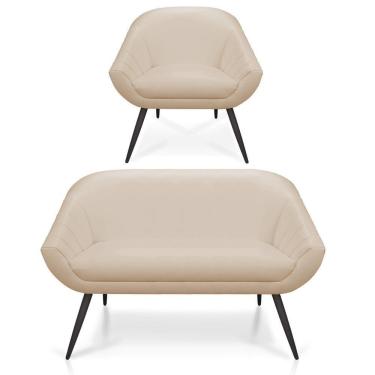 Imagem de Kit 01 Namoradeira 02 Lugares E 01 Poltrona Giovana Corino Pés Palito De Ferro Bege