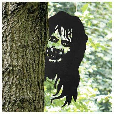 Imagem de GyovinnJuwanua Estaca de jardim de metal de bruxa de Halloween, escultura engraçada de silhueta de bruxa à prova de ferrugem para decoração de cerca de terror, estátua de gramado assustadora para