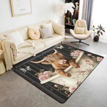 Imagem de Highland Cow, 9,5 x 1,5 m, tapete rústico para decoração de gado de fazenda, para meninas, mulheres, homens, adolescentes, rosa rosa, flores, tapete que não cai para quarto, sala de jogos, sala de