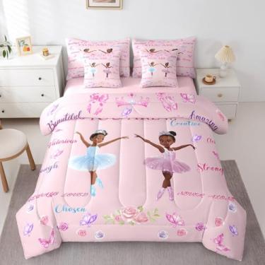 Imagem de Erosebridal Conjunto de edredom de princesa preta com 7 peças, tamanho casal, para bailarina, bailarina, flores mágicas, nó de borboleta, para decoração de quarto de crianças, meninas, rosa