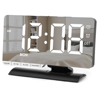 Imagem de SZELAM Relógio digital com visor grande, despertador elétrico de LED, superfície espelhada para maquiagem com modo de escurecimento