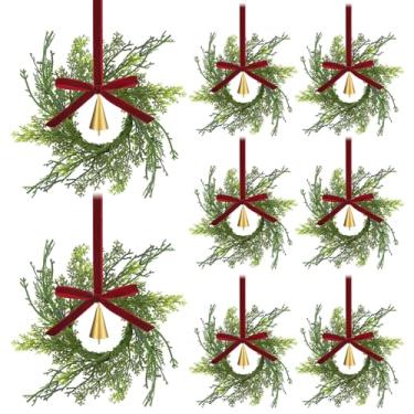 Imagem de Knitgrip 12 conjuntos de mini guirlandas de Natal para armários 19 cm guirlanda artificial de cedro de cipreste com fita vintage de sinos de vaca para Natal, faça você mesmo, cadeira de cozinha