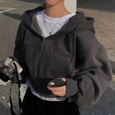 Imagem de Moletom Feminino Coreano Com Forro De Fleece, Manga Longa, Zíper, Crop