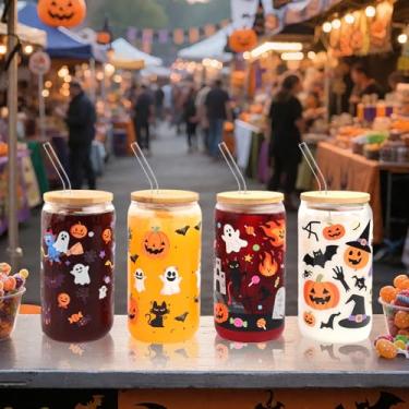 Imagem de hhdatc Pacote com 4 frascos de armazenamento de vidro de Halloween com tampas herméticas de bambu, fogo, abóbora, fantasma, recipientes decorativos para bancada, decoração de casa e festa