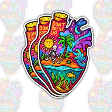 Imagem de 3 adesivos Don't Bottle Up, decalques de vinil de ilha de esqueleto psicodélico para garrafa de água, laptop, skate, presentes para conscientização da saúde mental e almas artísticas (normal, 7,6 cm