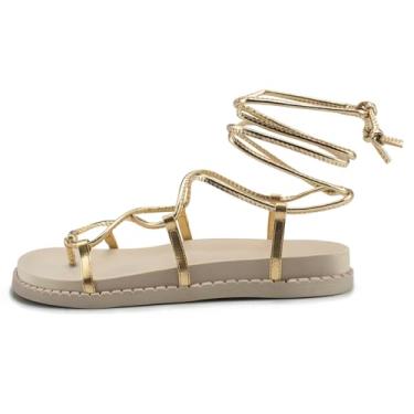 Imagem de Sandália Feminina Papete Flatform Amarrar Perna Resistente Confortável (Dourado, BR, Adulto, Numérico, 35)