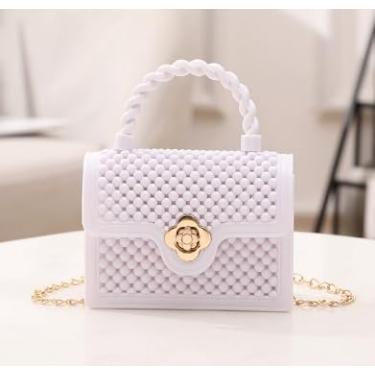 Imagem de Mini bolsa de mão fashion cor doce com alça de corrente de PVC bolsa de ombro para mulheres pequena bolsa transversal, Branco