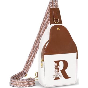 Imagem de Lizznoe Bolsa tiracolo feminina de couro com letra inicial pochete para viagem, presentes para mãe, esposa, ela, Branco/Marrom