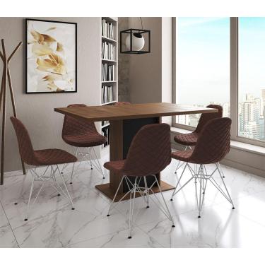 Imagem de Mesa Jantar Londres Retangular Amêndoa 137X90 Base Preta 6 Cadeiras Estofadas Caramelo Ferro Branco