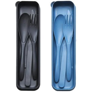 Imagem de Conjunto de utensílios de viagem reutilizáveis com estojo, 2 conjuntos de colheres de garfo de faca portáteis de palha de trigo, talheres de acampamento para lancheira, utensílios de mesa de plástico