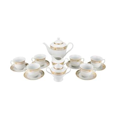 Imagem de Victoria Bella GPJS186-17 Conjunto de chá de porcelana de 17 peças, elegante branco fino da China com bule de chá, copos e pires de creme de açúcar, serviço de chá em caixa de presente durável para