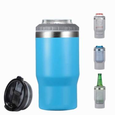 Imagem de FAMKX 14oz 4 em 1 isolador de garrafa de cerveja de aço inoxidável pode arrefecer com 2 tampas para 12oz can&bottle, Thermocooler isolado de parede dupla & Mug(azul-céu)