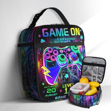 Imagem de Lancheira com isolamento neon para jogos, lancheira espaçosa com design de controlador brilhante, bolsa de refeição leve com bolso lateral, equipamento geek inspirado em LED para o trabalho