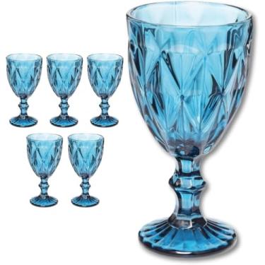 Imagem de Conjunto 6 Taças de Vidro Azul Milbani 330ml – Taças Lapidadas em Relevo para Água, Sucos e Drinks – Design Elegante e Sofisticado – Vidro Espesso e Durável – Azul