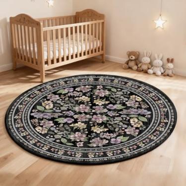 Imagem de Tapete redondo floral vintage de 1,2 m, pequeno, circular, lavável, tapete antiderrapante para quarto, quarto de crianças, escritório, entrada, faculdade, dormitório, banheiro, preto