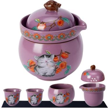 Imagem de Mini xícaras de chá, xícaras fofas de gato da sorte, canecas de chá pequenas, conjunto de chá de gongfu de porcelana com 3 em 1, conjuntos de chá para adultos, copo infusor de chá de cerâmica para