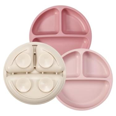 Imagem de PandaEar 3 peças prato de bebê com ventosa, conjunto de pratos infantis 100% silicone dividido, prato de silicone para bebê ventosa com divisão, prato de aprendizado de jantar pratos divididos, prato