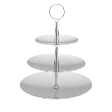 Imagem de Mikasa Servidor texturizado de aço inoxidável de 3 camadas com acabamento polido e alça de anel – Suporte de servir em camadas elegante para sobremesas, aperitivos e exibições de entretenimento