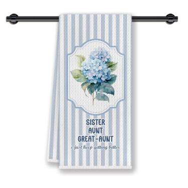 Imagem de CosxHabitat Great Aunt Gifts Toalha de prato de cozinha, anúncio de bebê de gravidez para tia, grande tia-avó azul hortênsia toalhas de chá decorativas de mão para cozinha banheiro, 40,6 x 61