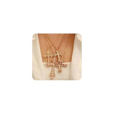 Imagem de Colar com pingente de cruz de pérola grande em camadas de ouro/prata, colar empilhável com pingente de cruz de cristal colorido, acessórios para festa punk, presente para mulheres, Large, Liga de aço