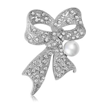 Imagem de RLHRNDE Broche de laço de strass para mulheres vintage brilhante grande laço pérola lapela broche elegante cristal laço corpete para vestido, terno, camisa, acessórios de roupas, casamento