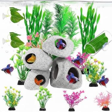 Imagem de Kathfly Conjunto de pedras de decoração de aquário com 18 peças, 4 cavernas de rocha esconderijo, 2 almofadas de folhas de peixe Betta, 1 túnel de tubo de acrílico, 11 algas marinhas artificiais para