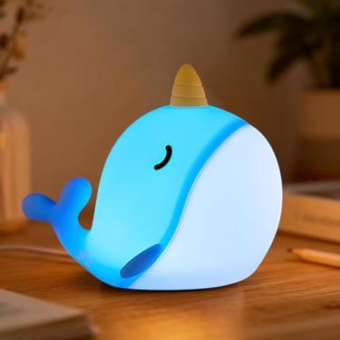 Imagem de HPYDIY Linda luz noturna narval, controle de toque e mudança de cor, luminária de cama infantil USB com temporizador, brilho de silicone macio para berçário, presente de aniversário (narval azul 7
