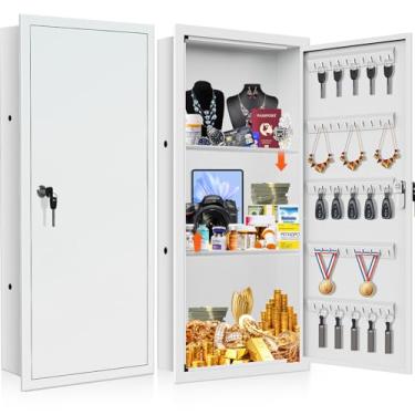 Imagem de Cofre de parede branco de 75 cm de altura com 2 prateleiras removíveis, cofre oculto com 50 ganchos para joias de chaves, seguro na parede para dinheiro, medicamentos e objetos de valor