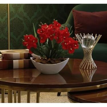 Imagem de Arranjo de Orquídea Artificial Planta Decorativa Vaso e Casca Polida (Vermelho)
